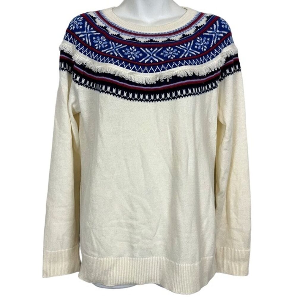 Talbots Women's Fair Isle Long Sleeve Fringe Ivory Blue Red Lambswool Sweater M